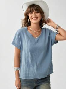 SHEIN LUNE 女性夏季純色紋理V領蝙蝠袖襯衫 - 藍色 - 查看 4