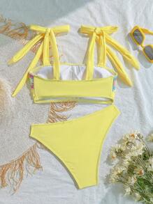 Swim Mod Women's Spring Break Cute Playful Yellow Crochet Trim Bikini Set, For Summer Beach Vacation - Multicolor - View 2