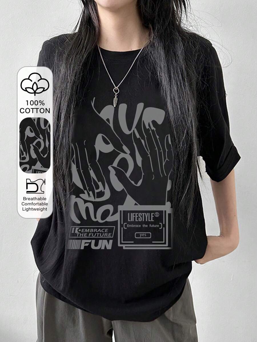 DAZY Hand & Letter Printed Round Neck Street Style Oversized T-Shirt LIFESTYLE Embrace The Future Yes FUN EMBRACE THE FUTURE Summer Streetwear - Black - View 1