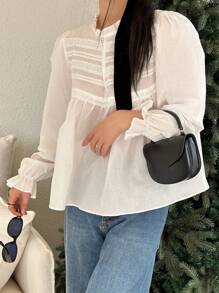 DAZY Áo sơ mi nữ cổ đứng, ren, màu trơn, tay dài, bèo nhún, quần áo mùa thu - trắng - Xem 2