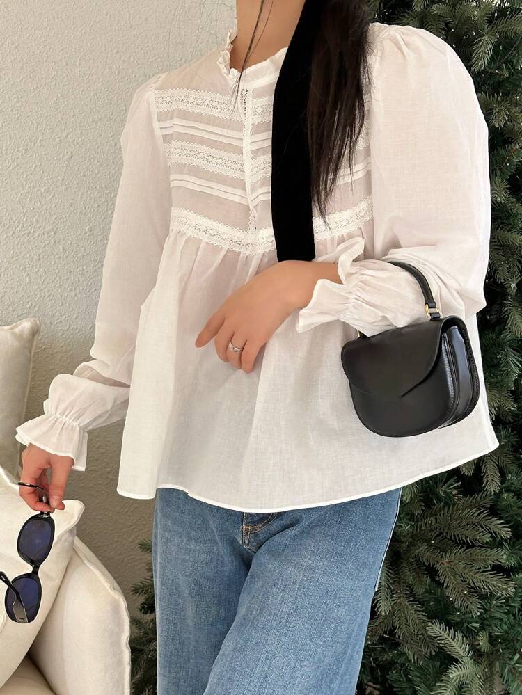 Women's Stand Collar Lace Spliced Solid Color Shirt,Long Sleeve Tops,Ruffle,Fall Clothes