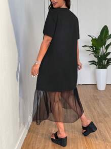 SHEIN EZwear Plus Size Women's Solid Color Round Neck Short Sleeve Spring/Summer Mesh Dress Flowy Dress - Black - View 2