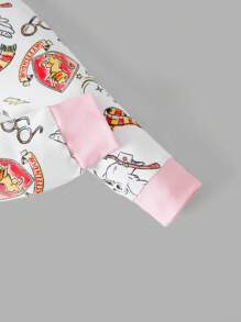 HARRY POTTER X SHEIN Young Girl Cute Owl Serenity Graphic Contrast Raglan Sleeve T-Shirt & Allover Print Long Pants 2pcs Pajama Set, Suitable For Spring, Summer, Autumn