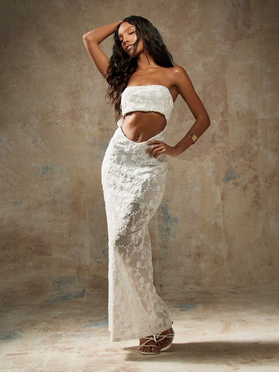 MISSGUIDED Elegant Strapless Maxi Dress Cutout Detail Formal Wedding Guest Glam Evening Gown Long Floor Length Glamorous Special Occasion Empire Waist