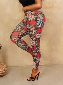 BamGleam Moderne Leggings mit Leoparden- und Blume Muster für den Urlaub - Rot - Übersicht 1