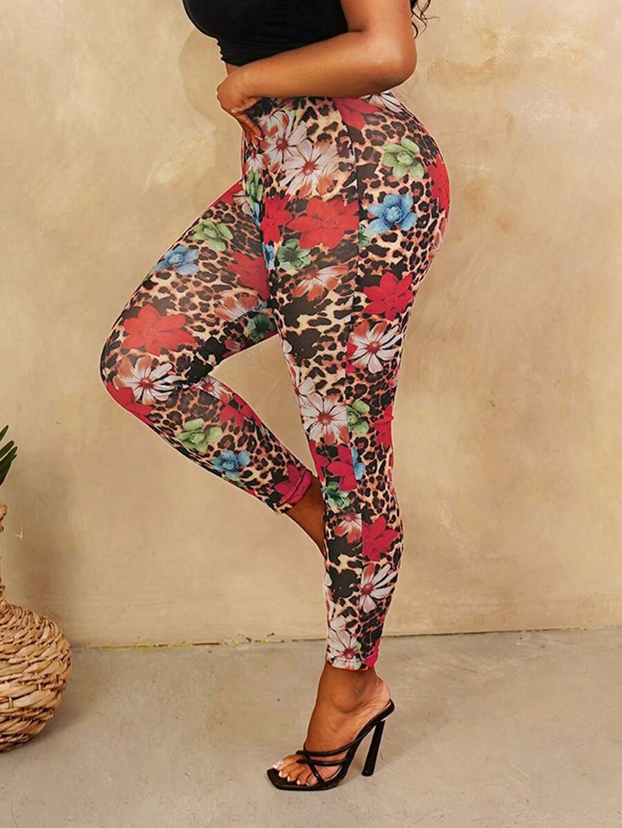 BamGleam Moderne Leggings mit Leoparden- und Blume Muster für den Urlaub - Rot - Übersicht 1