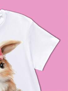 SHEIN Explorewe Cartoon Rabbit Print Crew Neck Short Sleeve Casual T-Shirt For Teen Girls - White - View 3