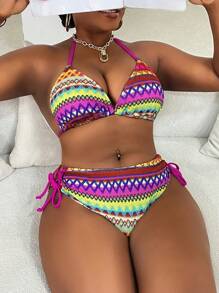 SHEIN Slayr CURVE Conjunto de bikini sexy de 2 piezas de talla grande con tela texturizada y tirantes de amarre, traje de baño para playa y vacaciones