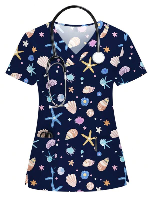 PopScrub Cartoon Shell Pattern Women Short Sleeve Nurse Uniform Top
