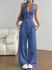 Flirla Petite 2 件套：领带背心和直腿休闲裤 - 淺藍色 - 查看 5