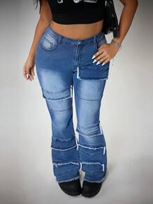 SHEIN ICON Pantalones casuales de mezclilla cargo lavados con múltiples bolsillos en talla grande - Azul lavado medio - Ver 4