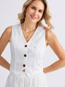 Miaspire 2 件套女士夏季度假白色刺绣编织面料无袖衬衫和短裤套装 - 白色 - 查看 5