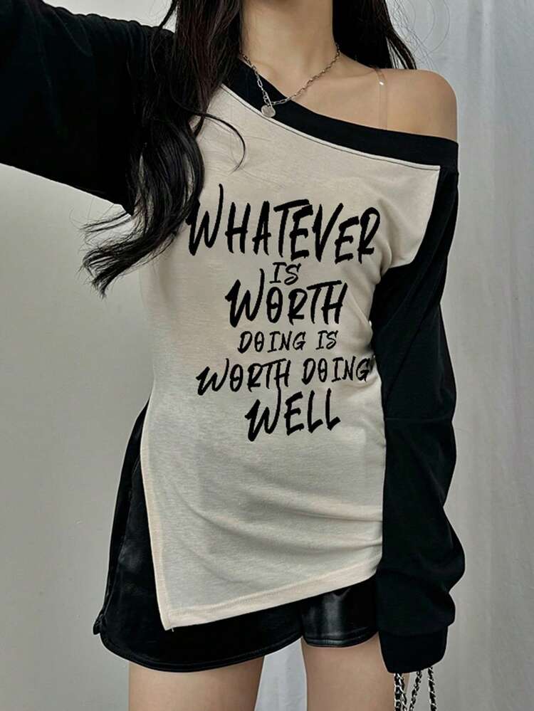 Women Contrast Color Block Letter Print Crew Neck Long Sleeve T-Shirt, Spring/Summer/Autumn,Graphic Tees,Fall Women Clothes