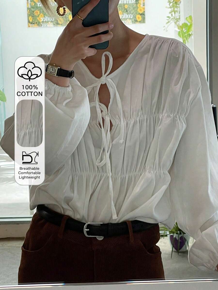 DAZY Women's Solid Color Pleated Drawstring Design Shirt Long Sleeve Top - White - View 1