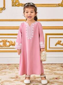 女宝宝宽松休闲复古印花长袖长裙 - 粉色 - 查看 3