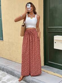 SHEIN Tall CURVE Pantalon évasé ample à fleurs marguerite pour grandes tailles, pantalon de vacances décontracté, pantalon ample à jambes larges, pantalon rouge à fleurs avec fentes, nœud devant avec ceinture réglable, convient pour les vacances et le port quotidien