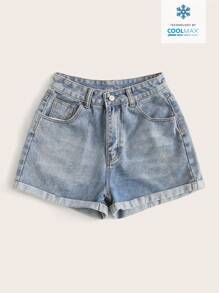 SHEIN EZwear Shorts vaqueros de cintura alta enrollados para el verano