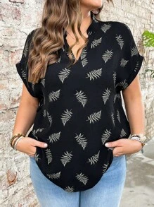 EMERY ROSE Plus-Size Woven Printed Casual Regular Summer Shirt - Black - View 4