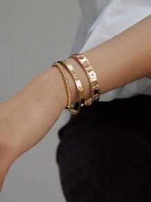1pc Fashion 18K Gold Plated Stainless Steel Flower Bangle Bracelet For Women, European And American Style Party & Wedding Jewelry Gift Valentines