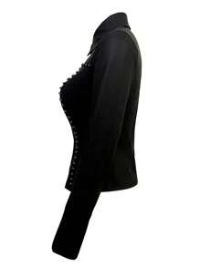 INAWLY 女式标准尺码性感铆钉长袖仿皮衬衫，春夏 - 黑色 - 查看 3