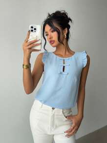 Chiquease Women Casual Solid Color Round Neck Cap Sleeve Bow Blouse, Spring/Summer