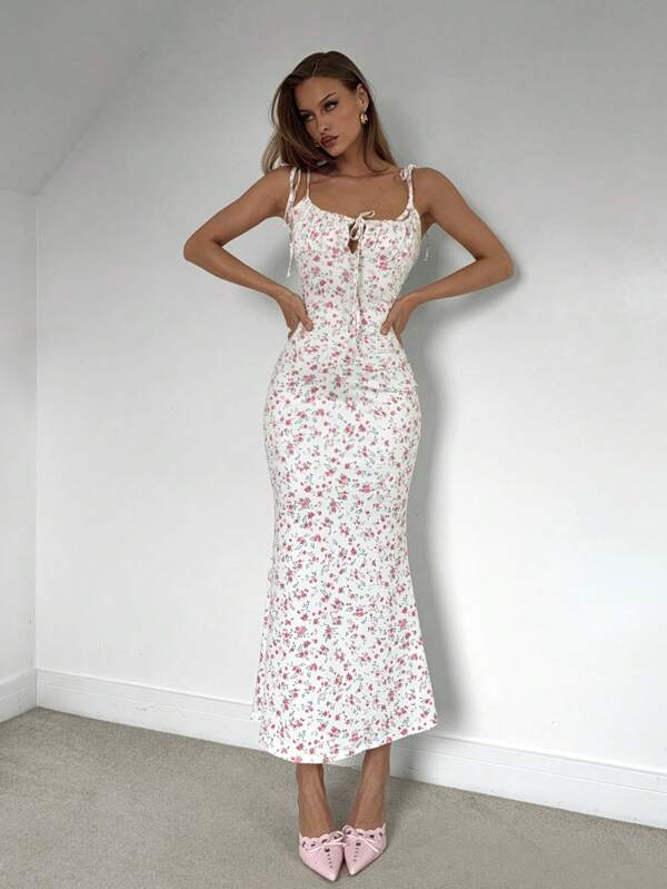 Roylia Elegant Ditsy Floral Fishtail Maxi Slip Dress
