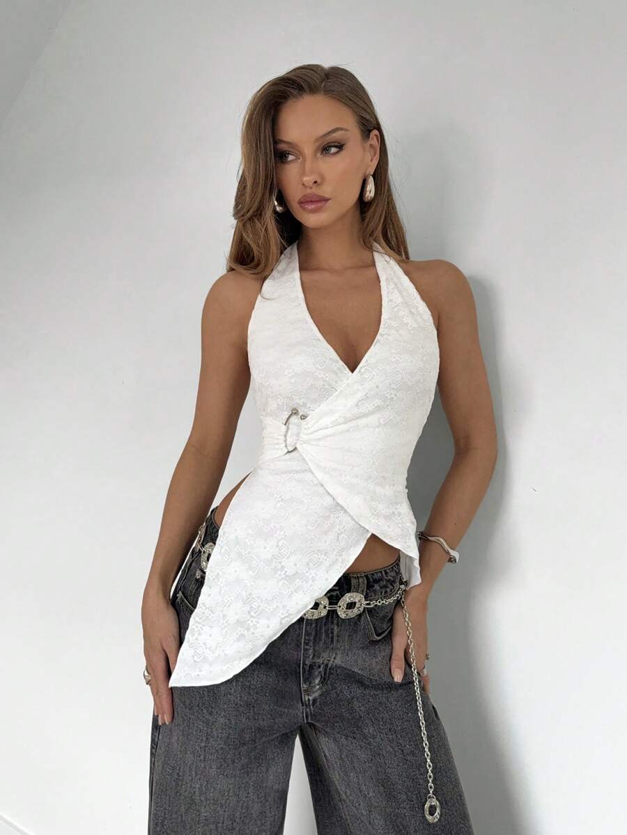 Roylia Women Floral Lace Asymmetric Hem Sexy Halter Neck Camisole - White - View 1