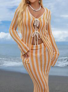 SHEIN Swim 女士镂空拼色系带和服罩衫，休闲春假夏季度假风格 - 橘色 - 查看 6