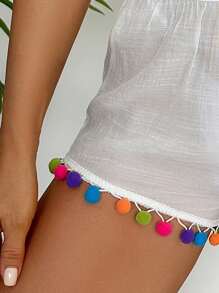 Swim Vcay Colorful Pom Pom Decor Cover Up & Shorts Set, Versatile For Summer - Multicolor - View 4