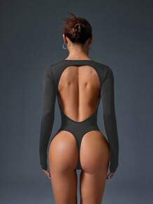 Slayoga Damski jednokolorowy kombinezon z długim rękawem i odkrytymi plecami, z okrągłym dekoltem