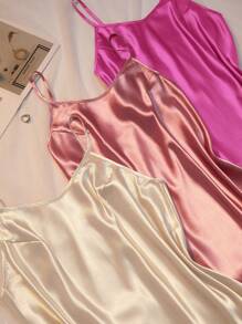 3pcs/Set Plus Size Faux Silk Dresses With Side Slits, Assorted Colors - Multicolor - View 3