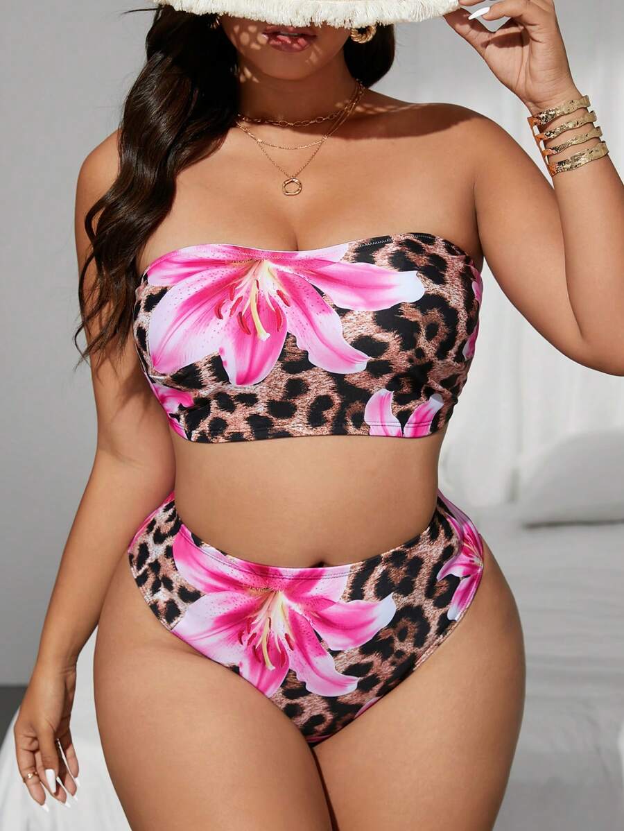 Slaydiva Plus Size Leopard Print & Tropical Floral Random Design Swimwear Set For Summer Beach Vacation - Multicolor - View 1
