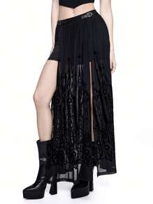 ROMWE Goth Vintage Gothic Castle Flocked Pattern Skirt
