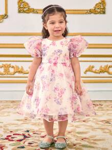 SHEIN Leap Crew Baby Girl Elegant Round Neck Puff Sleeve Detachable Bow Decor One-Piece Dress - White - View 4