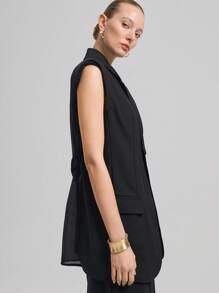 Ontre Women's Sleeveless Office Blazer With Contrast Fabric And Belt Design, Black, Thin Fabric, Elegant And Professional Look, Suitable For Commute, Spring/Summer - Black - View 6