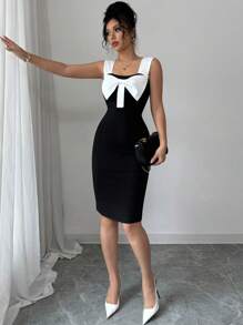 Selianne Đầm bodycon thắt nơ màu tương phản lãng mạn thanh lịch dành cho nữ, thích hợp mặc hàng ngày, đi làm và đi nghỉ - màu đen - Xem 5
