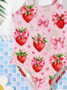 SHEIN Leap Crew Cute Strawberry, Bow & Heart Print, Pink, Young Girls Casual Minimalist Camisole One-Piece Swimsuit, Suitable For Summer - Multicolor - View 3
