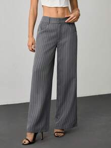 SHEIN Tall Women's Gray Solid Color Commuting Casual/Office Wear/Old Style/Fashion Outing/Summer Yarn-Dyed Jacquard Woven Straight Trousers/Summer Women's Trousers - Grey - View 6