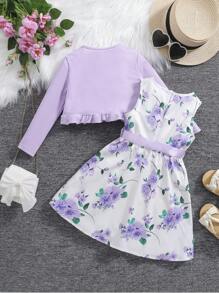 SHEIN 2pcs/Set Young Girl Floral Chinaware Print Dress & Ruffle Trim Cardigan Set,Holiday,Summer,Travel - Mauve Purple - View 2