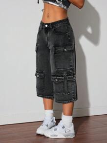 SHEIN ICON 女士休闲高街七分牛仔工装裤 - 黑色 - 查看 6