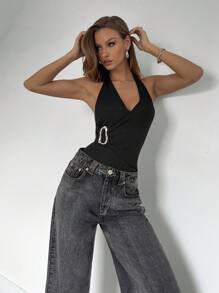 Roylia Women's Metal Button Knitted Halter Bodysuit - Black - View 1