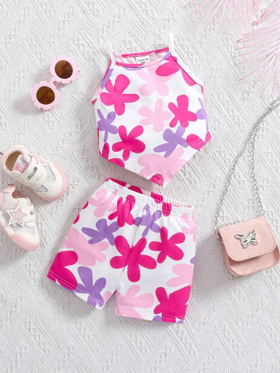 SHEIN Conjunto de top de punto con tirantes y shorts con estampado floral para bebé niña en verano - Multicolor - Ver 1