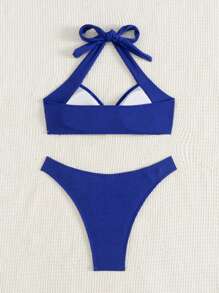 Vaytide 夏季海滩女士纯色吊带胸罩和泳裤比基尼套装泳衣棕色比基尼两件套比基尼 - 藍色 - 查看 4