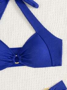 Vaytide 夏季海滩女士纯色吊带胸罩和泳裤比基尼套装泳衣棕色比基尼两件套比基尼 - 藍色 - 查看 8