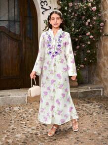SHEIN 1 pièce Robe à manches longues avec col en V à motif floral imprimé numérique pour préadolescente, convient pour rester à la maison, assortiment de tenues pour frères et sœurs (2 pièces vendues séparément)