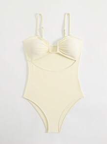 Swim Chiccia New Solid Color Sling U-Neck Elegant One-Piece Swimsuit For Women, Summer - Beige - View 3