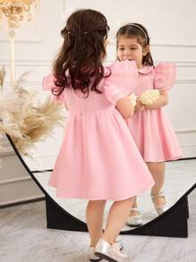 SHEIN 女婴甜美领口 A 字裙，飘逸袖子，优雅简约的设计 - 粉色 - 查看 2