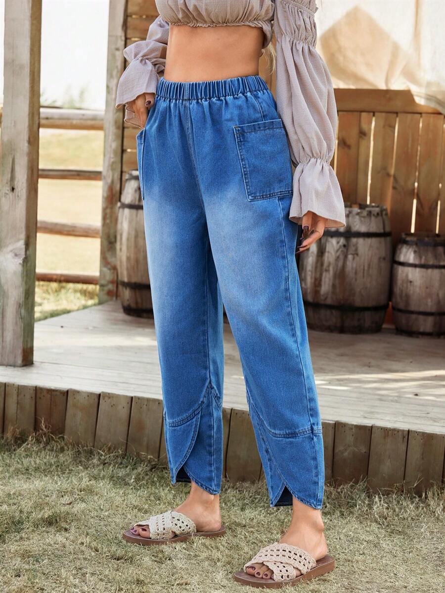 Breezaya 休闲街头风格松紧腰口袋侧开衩宽松女式牛仔裤