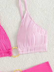 SHEIN Beach Summer Outfits For Women, New Design Two Pieces Color Block Bikini, Sexy Camisole Striped Swimwear, With Faux Belt Decor High Waist Swim Shorts, Split Style Beach Holiday Swimwear - Multicolor - View 8