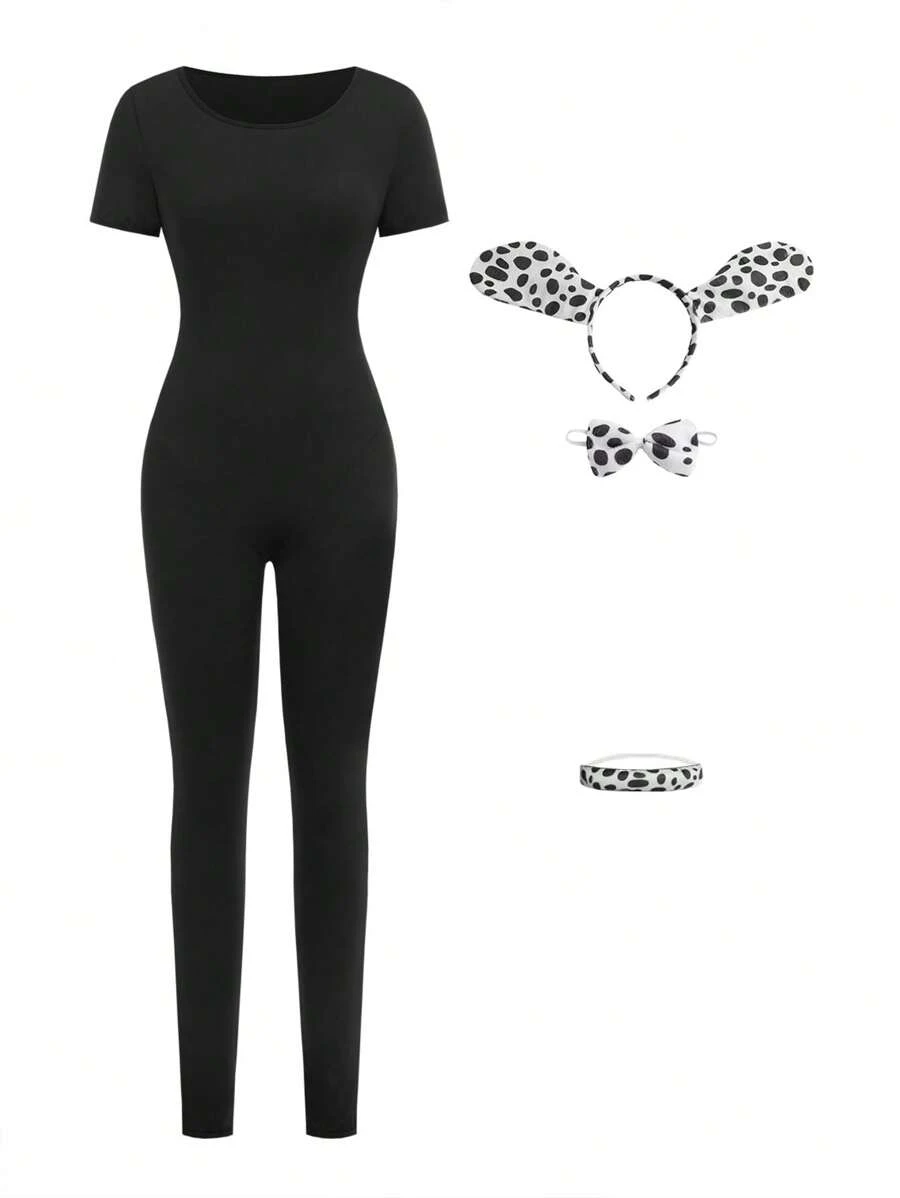 Polka Dot Dog Set With Headband, Bowknot, Romper For Teen Girls